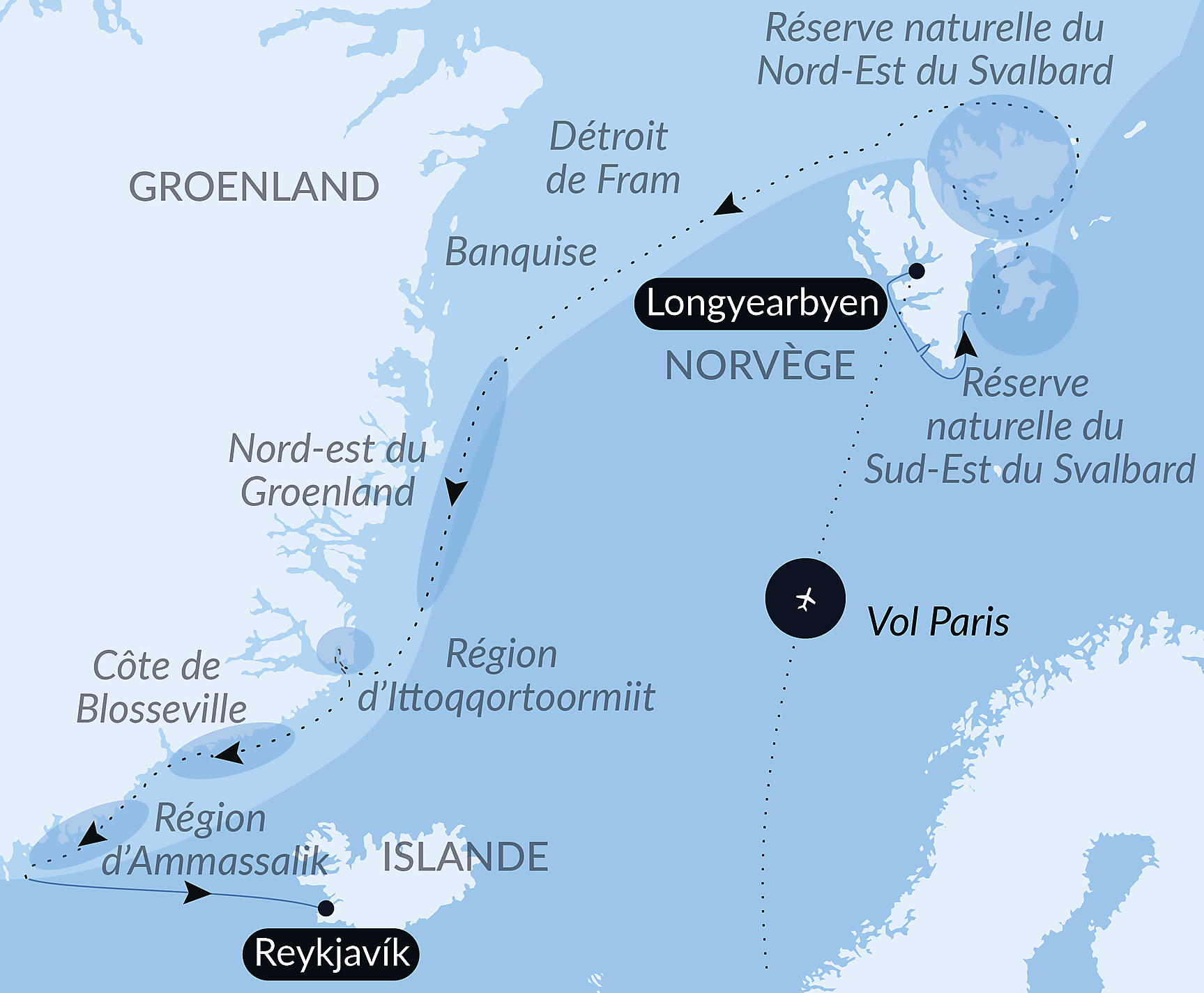 Carte itinéraire — Au cœur des glaces de l'Arctique, du Svalbard au Groenland