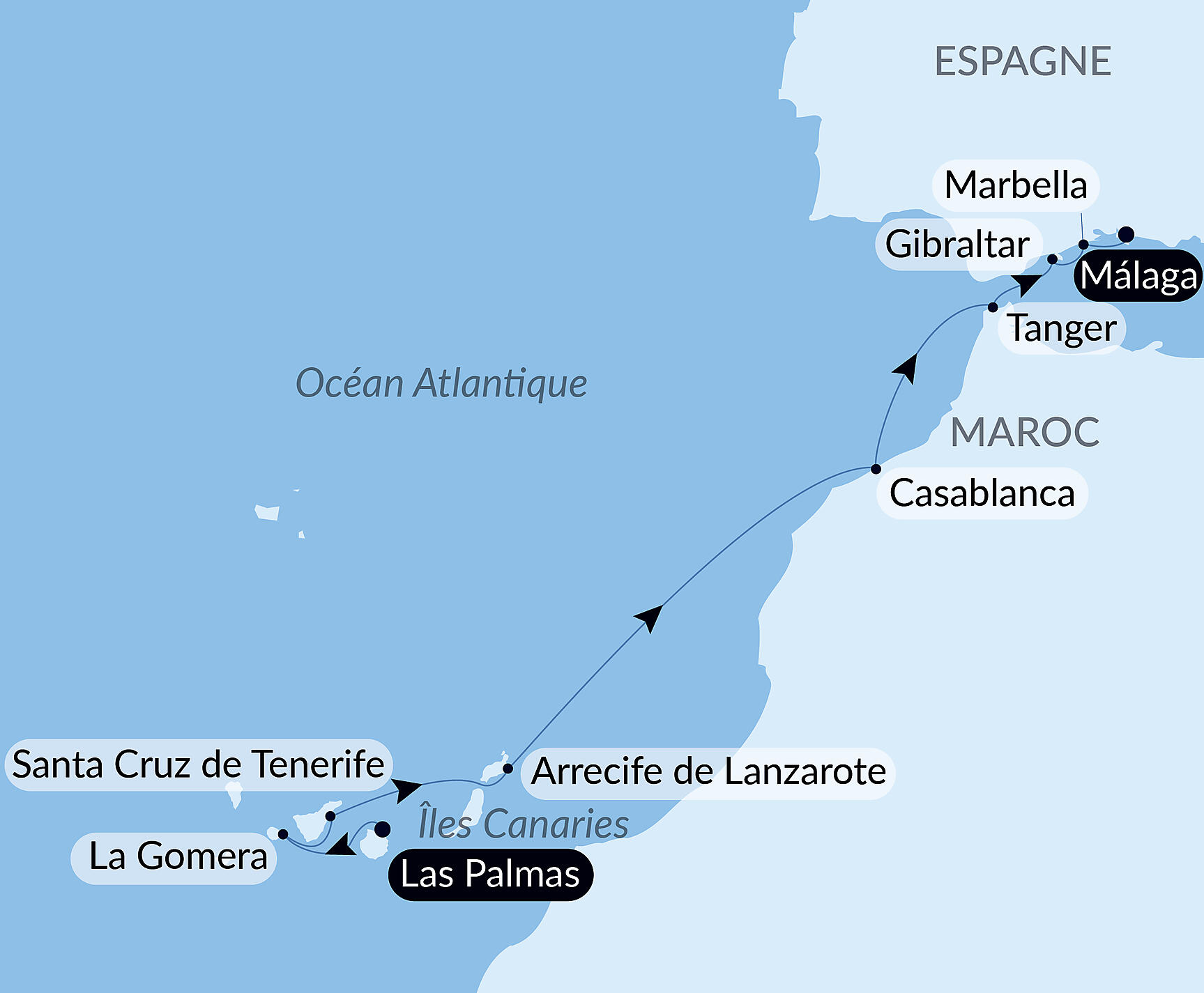 Carte itinéraire — Canaries, Maroc et péninsule ibérique