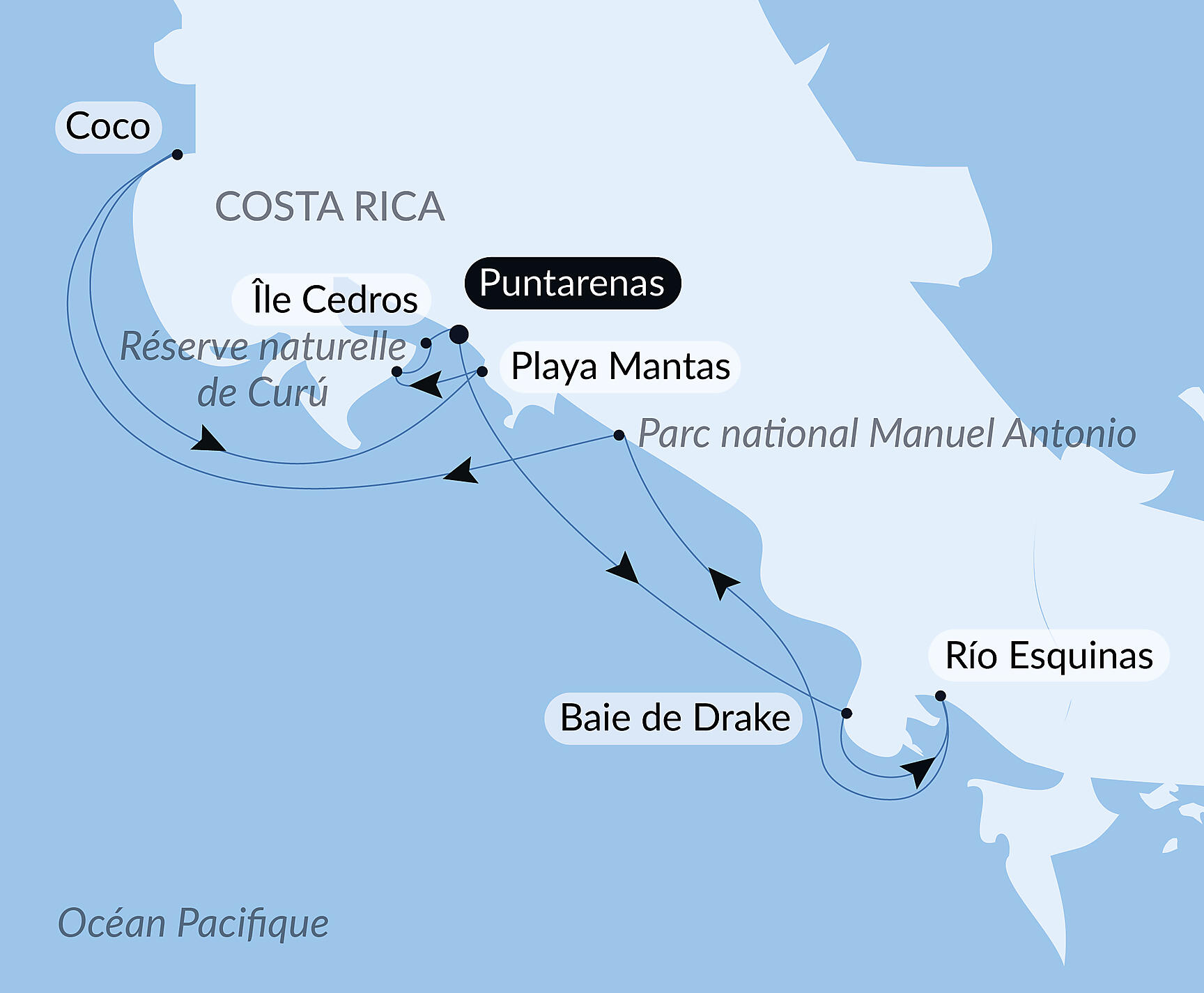 Carte itinéraire — Côte pacifique du Costa Rica