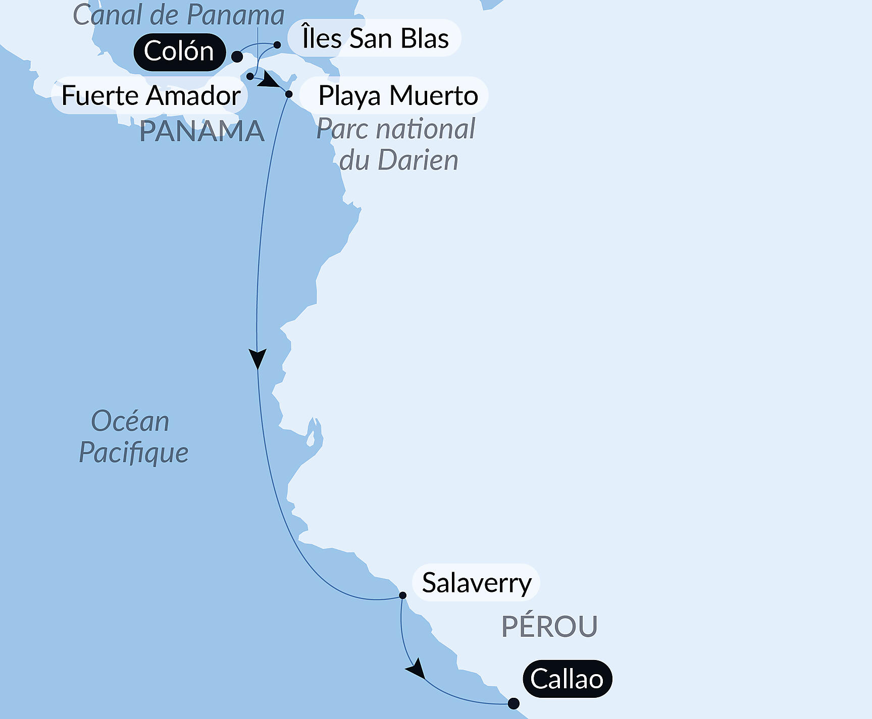 Carte itinéraire — De la beauté sauvage du Panama aux rivages péruviens
