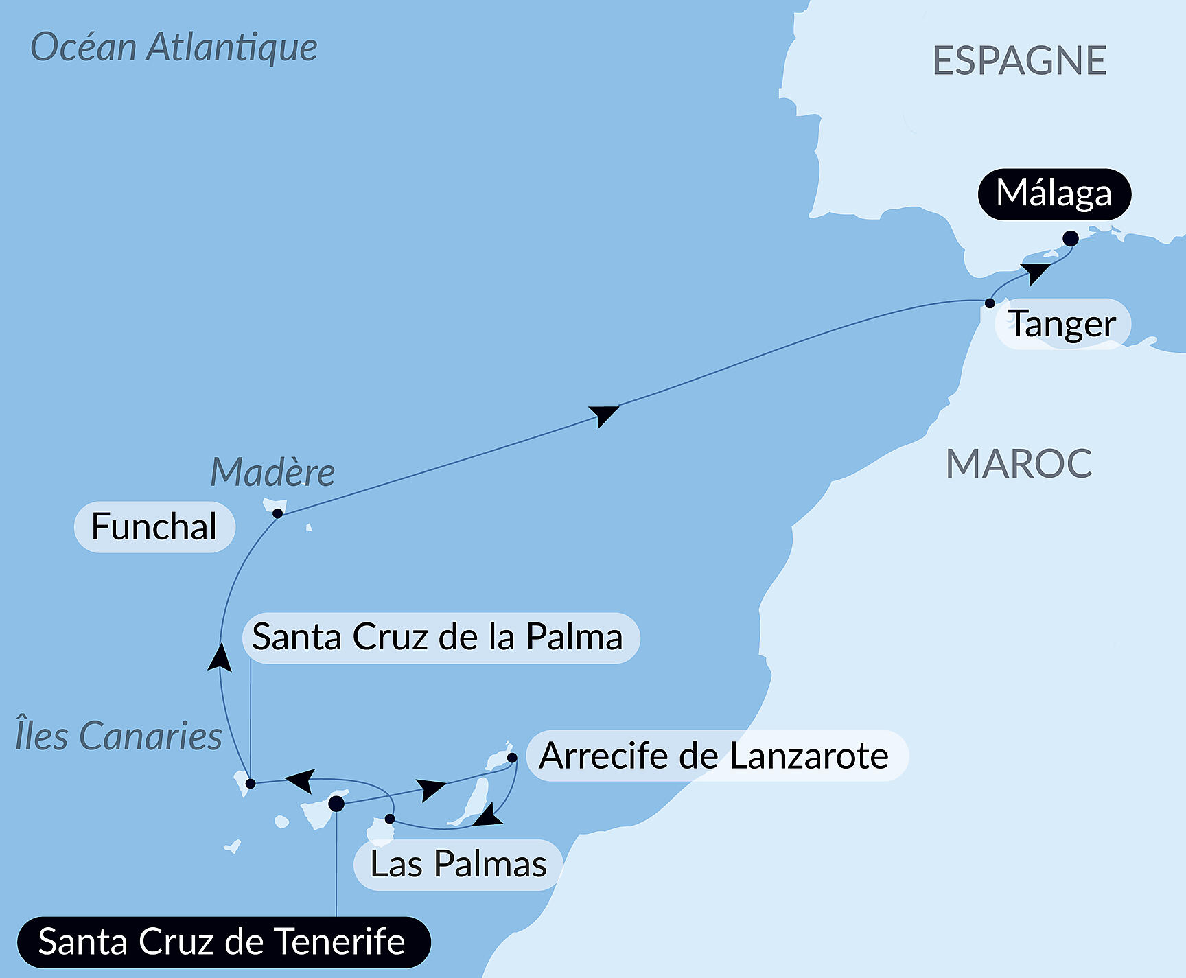 Carte itinéraire — Des Canaries à Málaga, aux rythmes de la musique espagnole