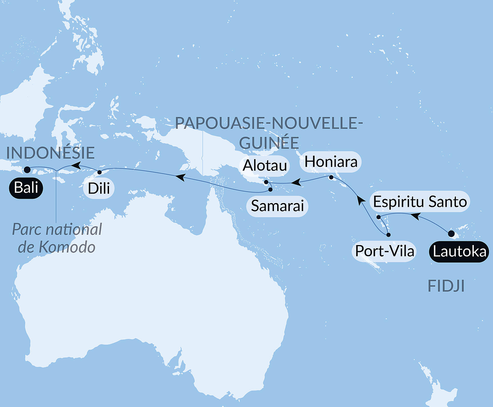 Carte itinéraire — Des îles Fidji à Bali