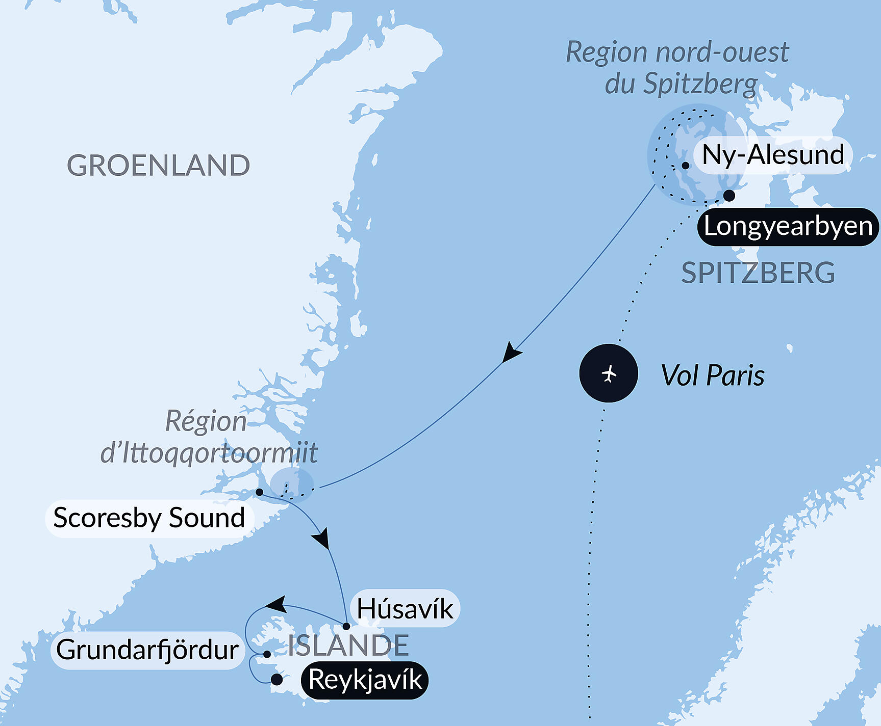 Carte itinéraire — Du Svalbard à l'Islande : odyssée polaire