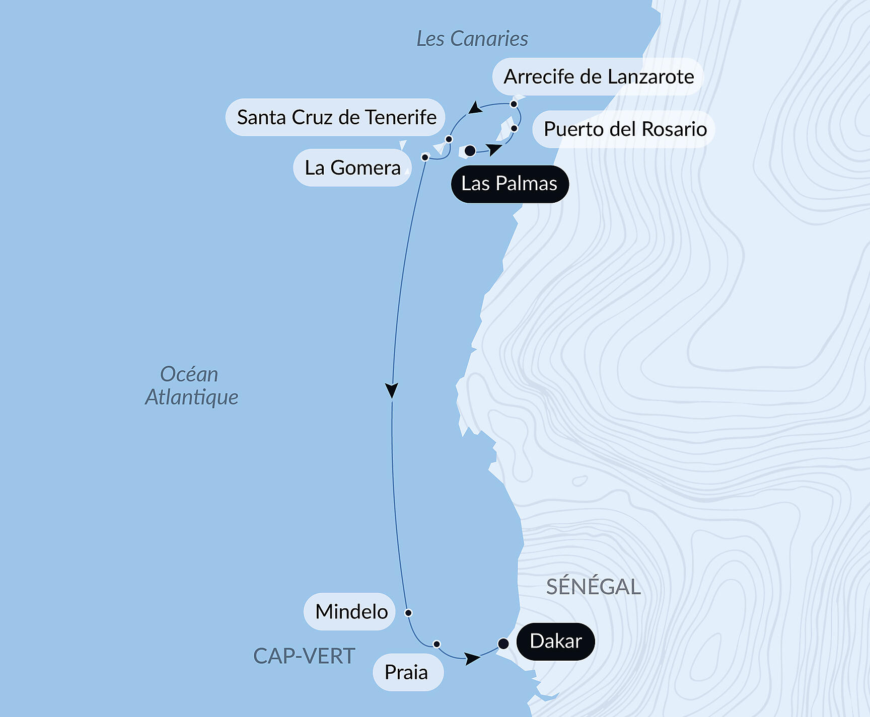 Carte itinéraire — Entre volcans et océan, des Canaries au Cap-Vert