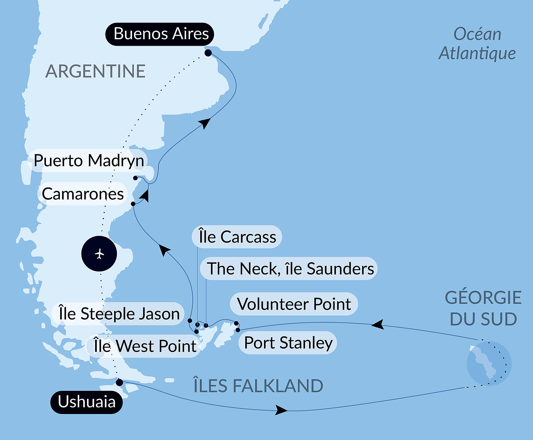 Carte itinéraire — Falkland, Géorgie du Sud & péninsule Valdés : au cœur du monde sauvage
