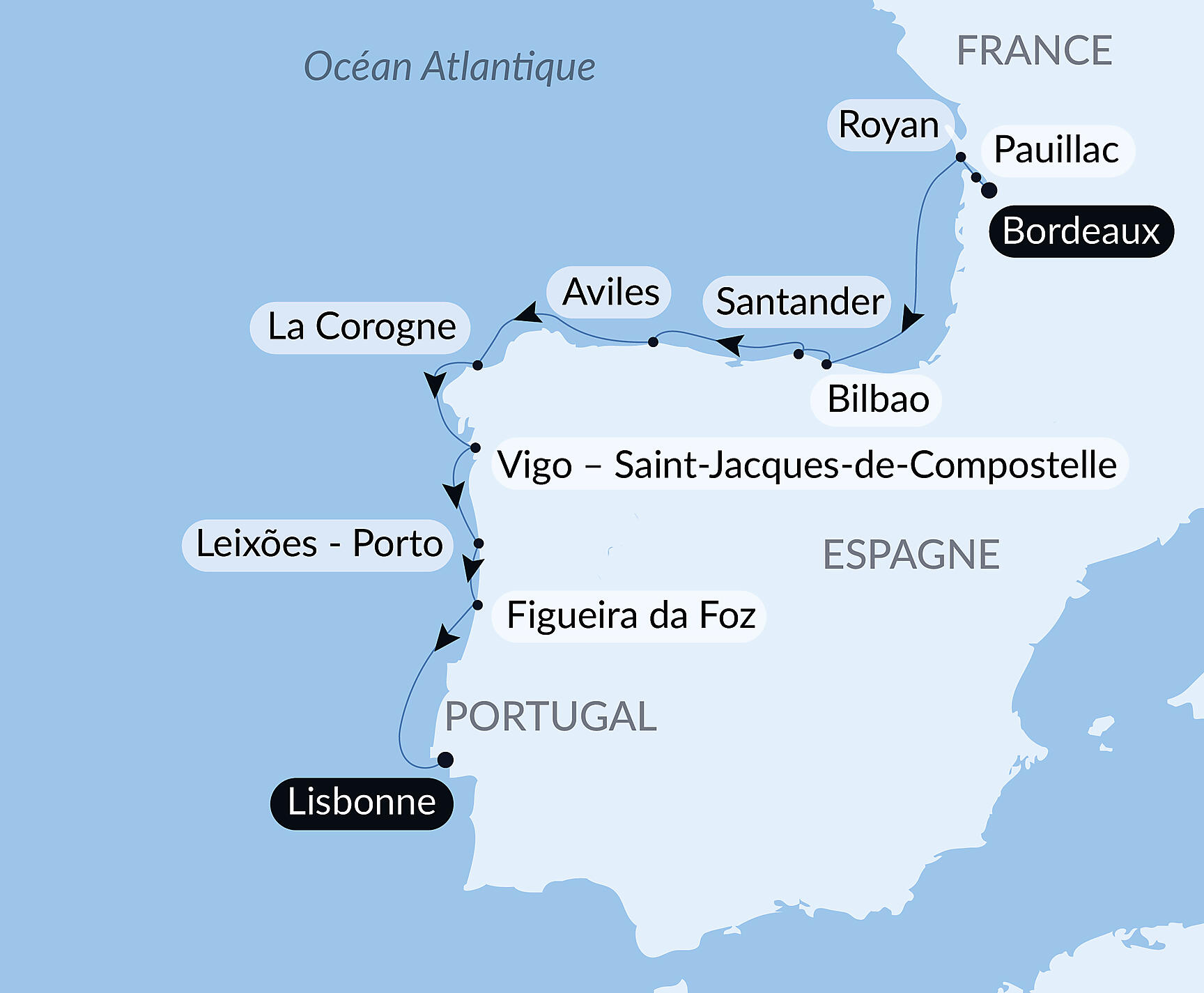 Carte itinéraire — Golfe de Gascogne et péninsule ibérique
