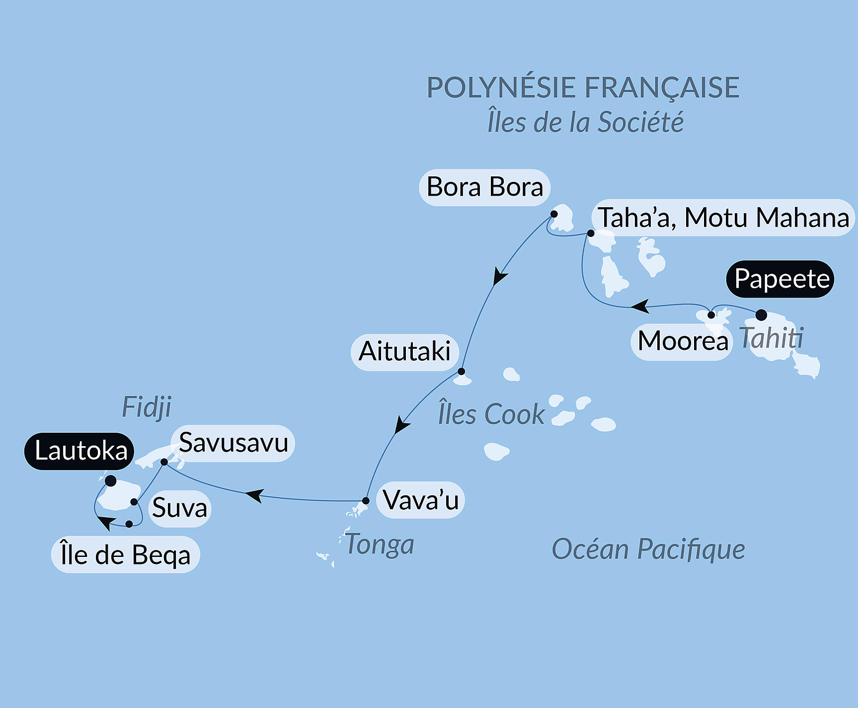 Carte itinéraire — Îles Fidji, Tonga, Cook et îles de la Société