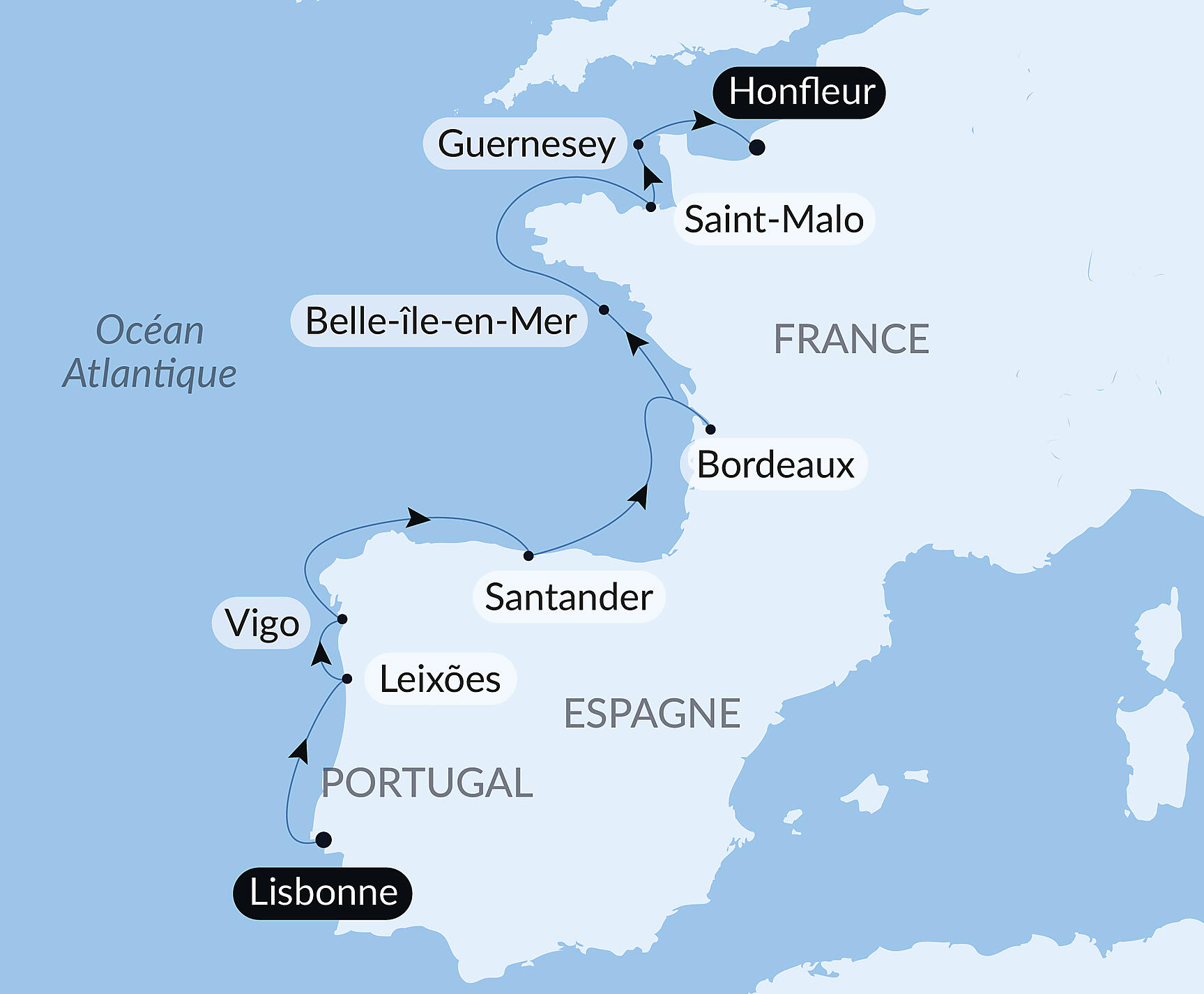Carte itinéraire — Péninsule ibérique et cités fortifiées d'Atlantique