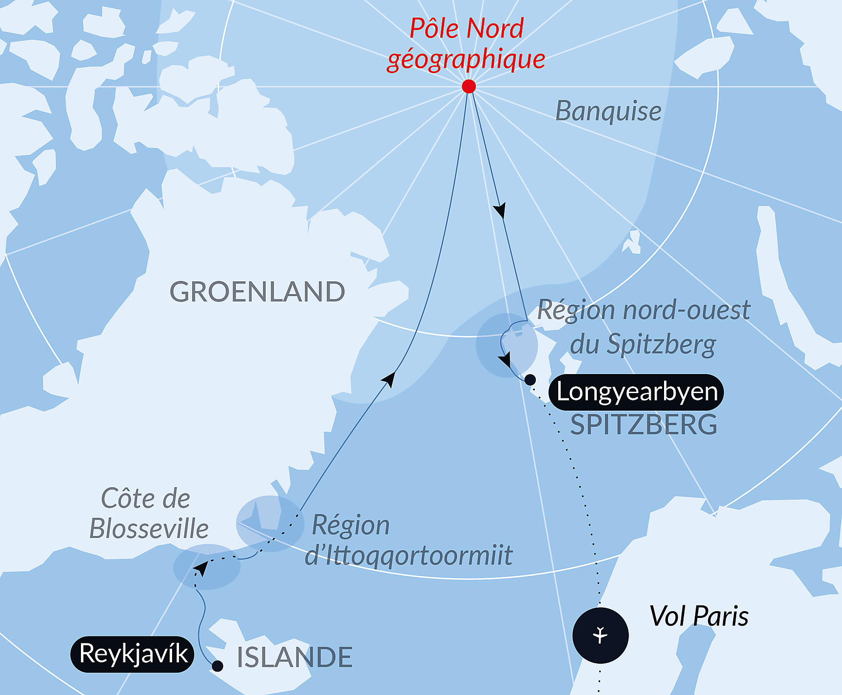 Carte itinéraire — Le pôle Nord géographique et côte est du Groenland