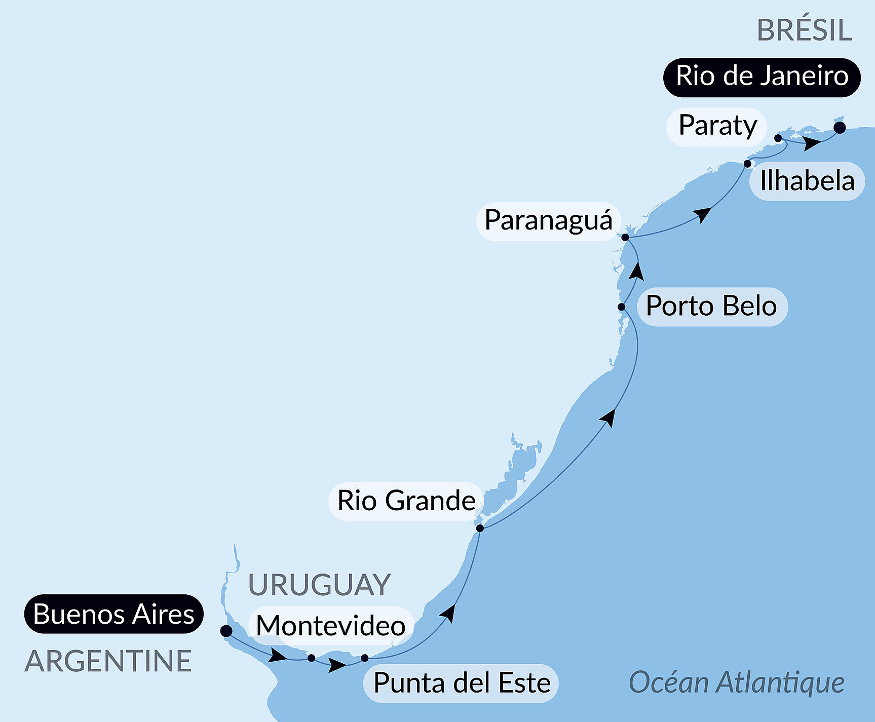 Carte itinéraire — Rivages et cités emblématiques d'Amérique du Sud