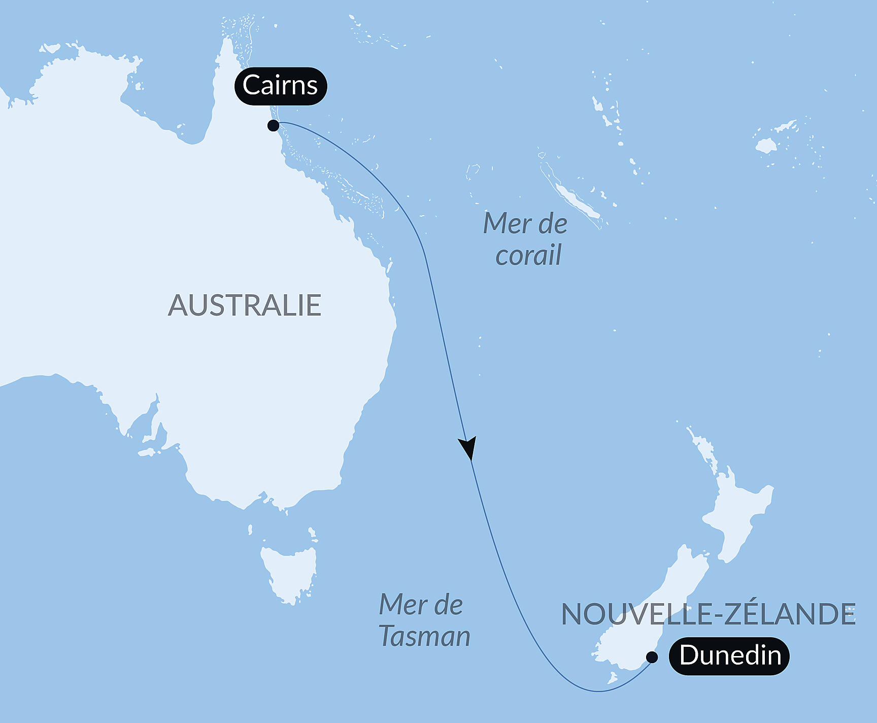 Carte itinéraire — Voyage en Mer : Cairns - Dunedin