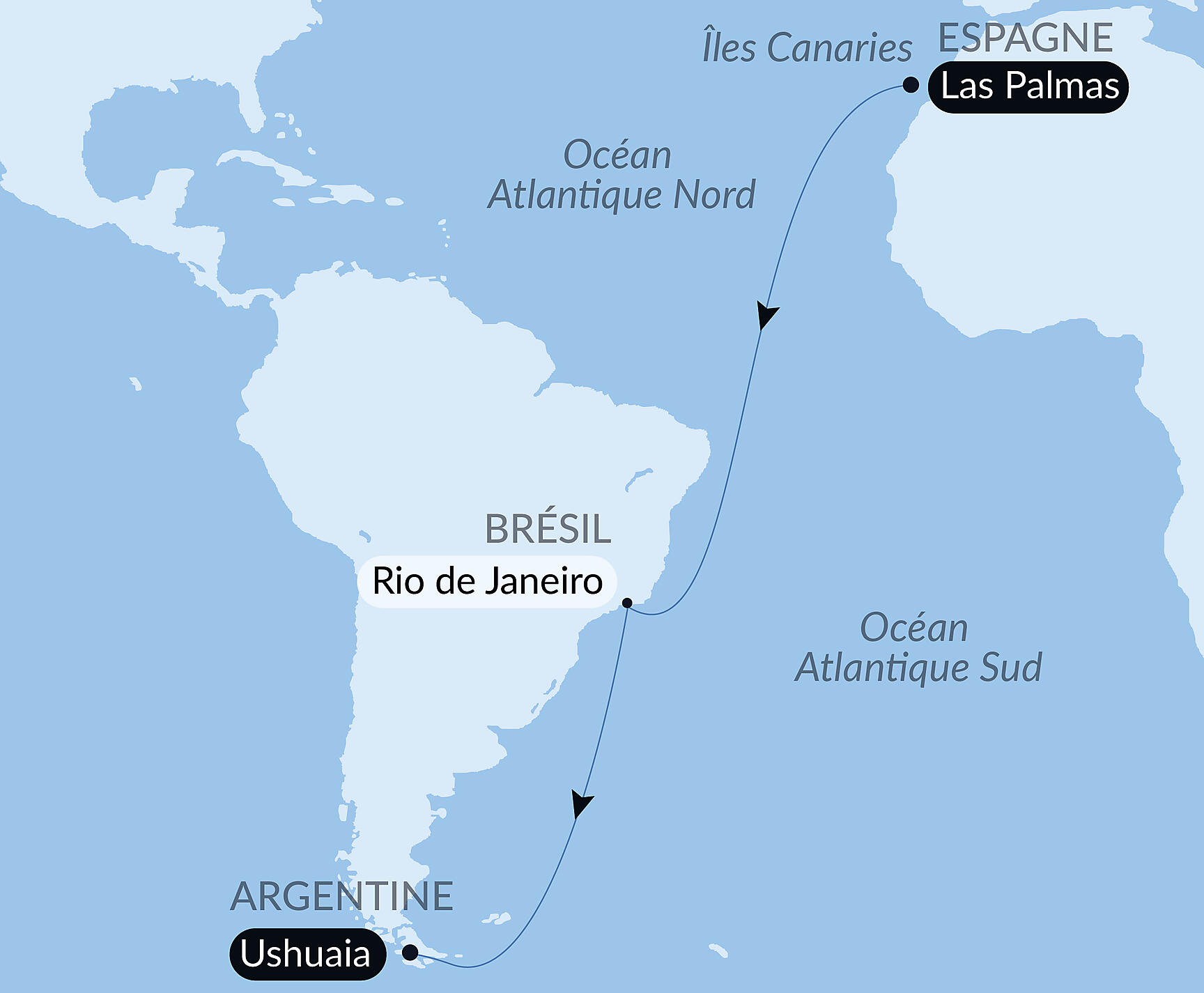 Carte itinéraire — Voyage en Mer : Las Palmas - Ushuaia